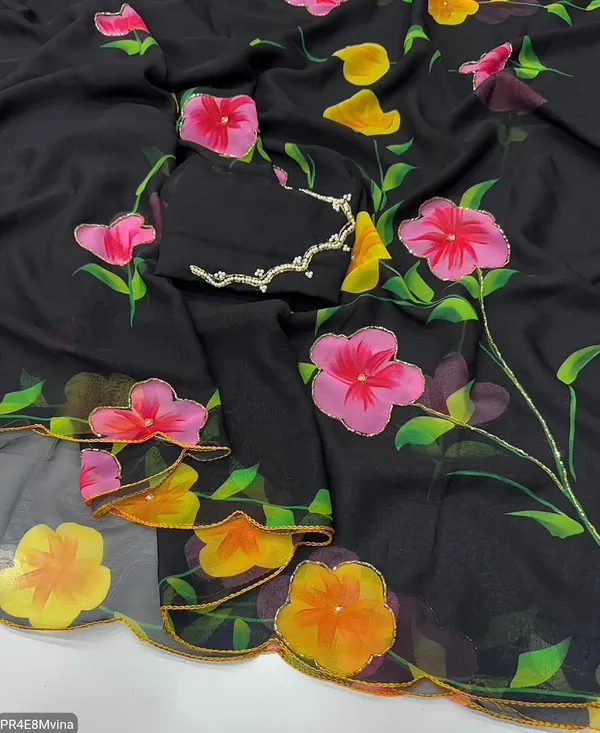 Black_&_Multicoloured_Chiffon_Floral_Digital_Printed_Saree_With_Embroidery_Border