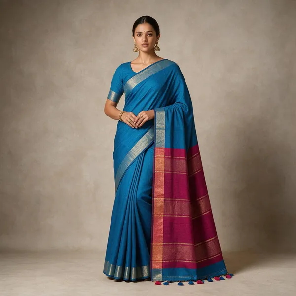 Royal_Blue_Khadi_Saree_With_Golden_Zari_Border