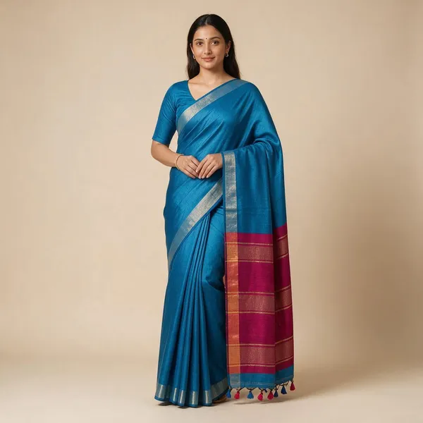Royal_Blue_Khadi_Saree_With_Golden_Zari_Border