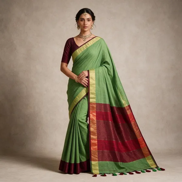 Green_Khadi_Zari_Border_Saree_For_Women