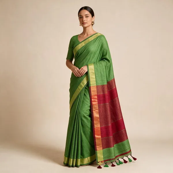 Green_Khadi_Zari_Border_Saree_For_Women