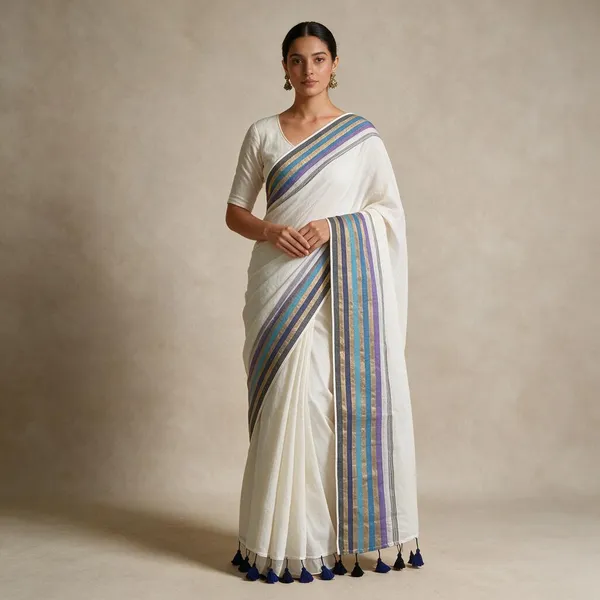 White_Mul_Cotton_Saree_With_Multicoloured_Border_&_Tassels