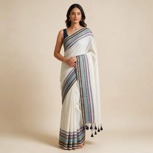 White_Mul_Cotton_Saree_With_Multicoloured_Border_&_Tassels
