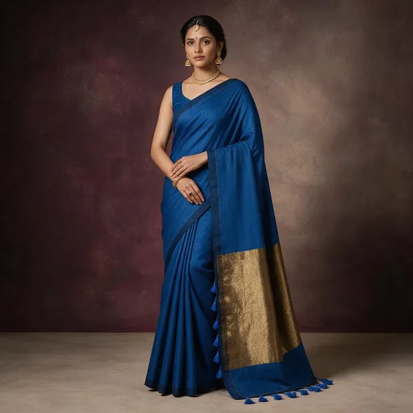 Blue_Khadi_Cotton_Saree_With_Golden_Zari_Anchal