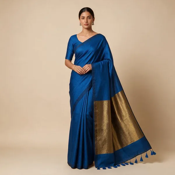 Blue_Khadi_Cotton_Saree_With_Golden_Zari_Anchal