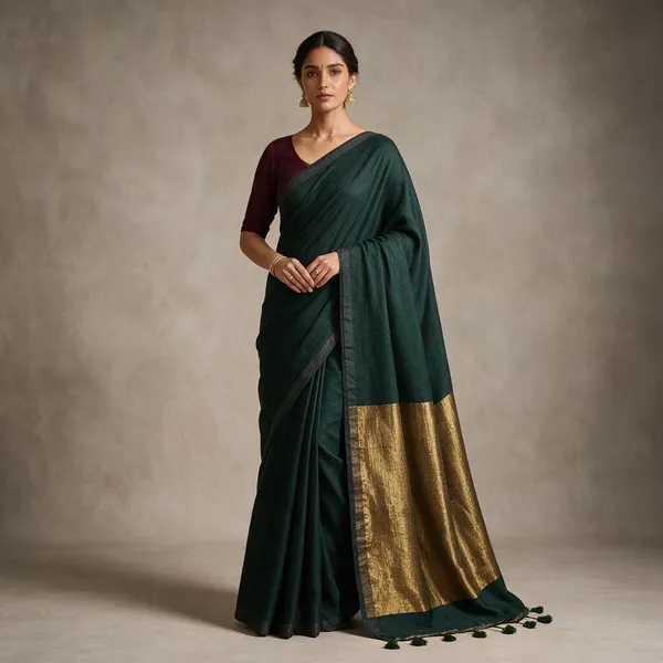 Olive_Green_Khadi_Cotton_Saree_With_Golden_Anchal
