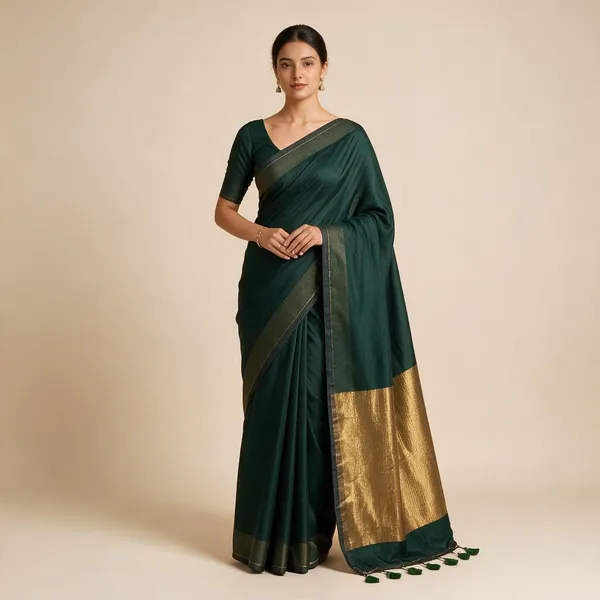 Olive_Green_Khadi_Cotton_Saree_With_Golden_Anchal