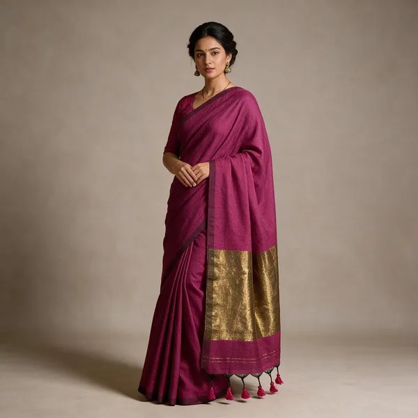 Magenta_Khadi_Cotton_Saree_With_Golden_Anchal