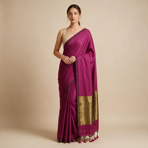 Magenta_Khadi_Cotton_Saree_With_Golden_Anchal