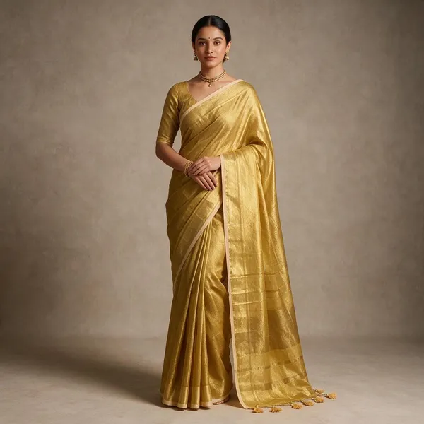 Yellow_Cotton_Tissue_Saree_With_Tassels