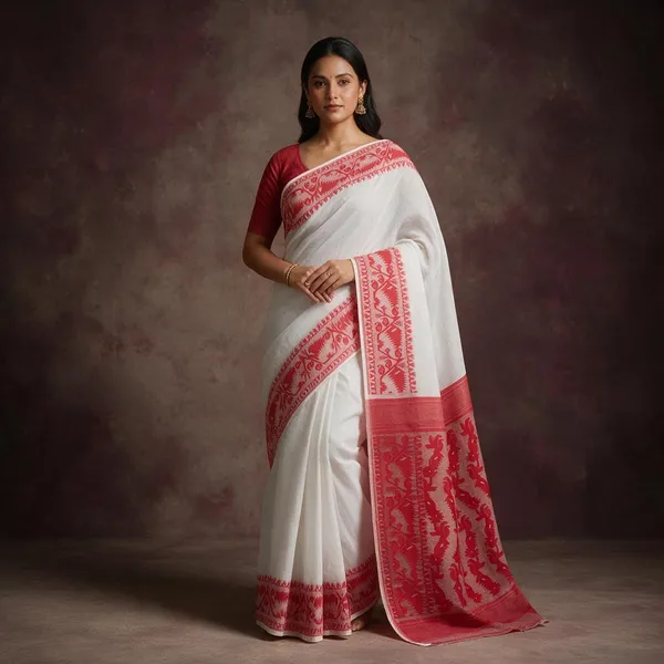 White_&_Red_Bengal_Cotton_Jamdani_Saree