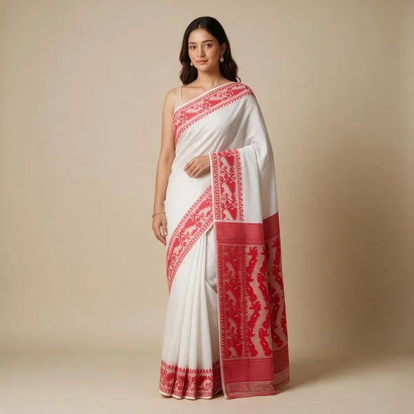 White_&_Red_Bengal_Cotton_Jamdani_Saree