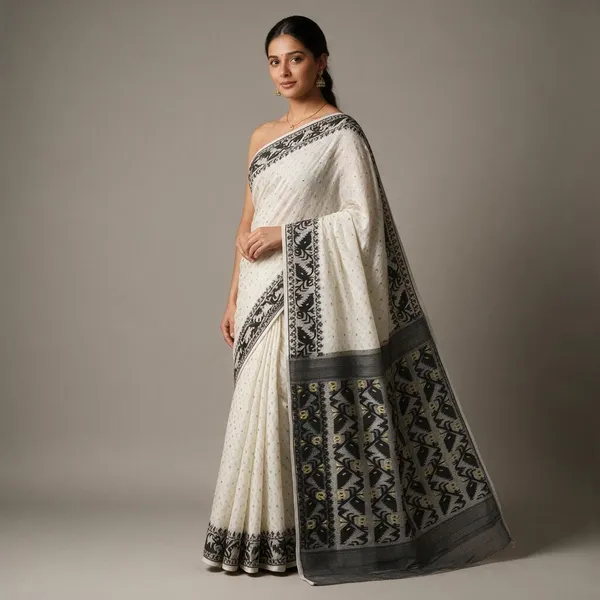 White_&_Black_Bengal_Cotton_Jamdani_Saree
