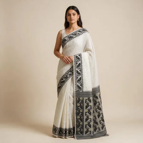 White_&_Black_Bengal_Cotton_Jamdani_Saree