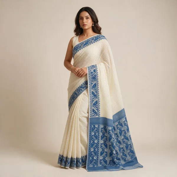 White_&_Blue_Bengal_Cotton_Jamdani_Saree