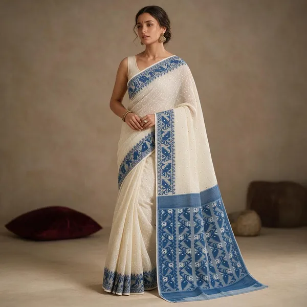 White_&_Blue_Bengal_Cotton_Jamdani_Saree