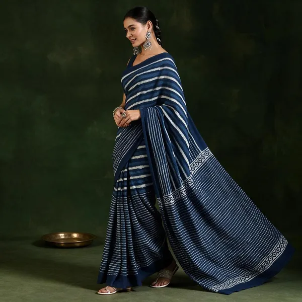 Indigo_Cotton_Mul_Hand_Block_Printed_Saree_For_Women