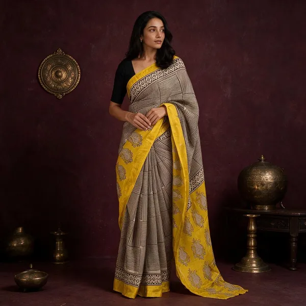 Yellow_Black_Maheshwari_Silk_Cotton_Block_Printed_Saree_For_Women