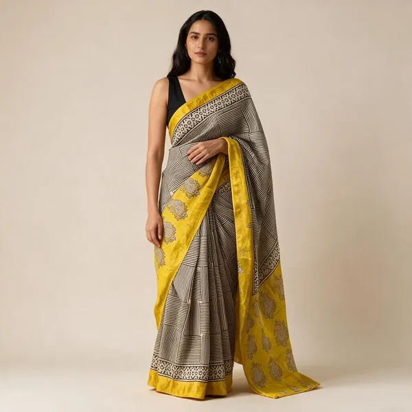 Yellow_Black_Maheshwari_Silk_Cotton_Block_Printed_Saree_For_Women