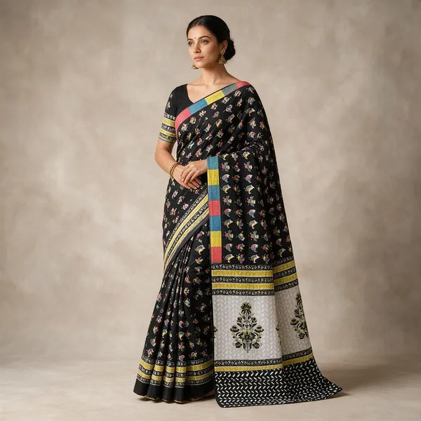 Black_Multicolour_Mul_Cotton_Hand_Block_Printed_Saree_For_Women