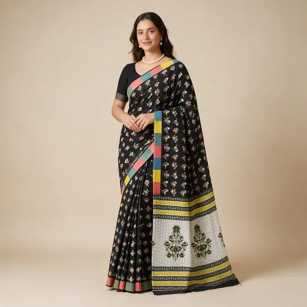 Black_Multicolour_Mul_Cotton_Hand_Block_Printed_Saree_For_Women
