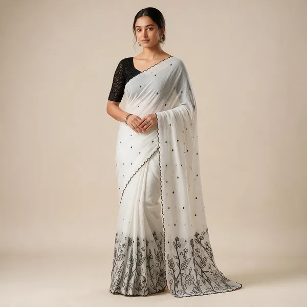 White_&_Black_Bubble_Crush_Embroidery_Saree_With_Scallop_Border
