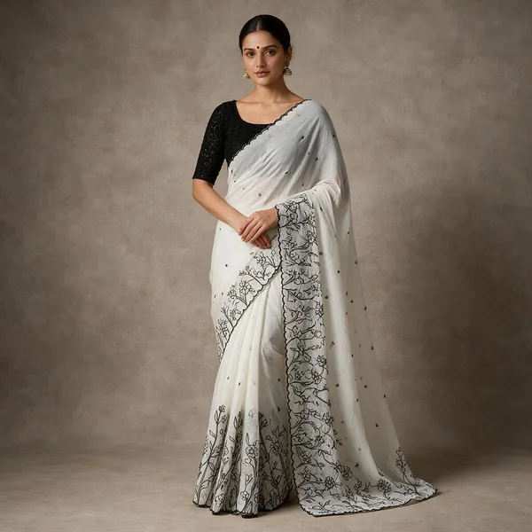 White_&_Black_Bubble_Crush_Embroidery_Saree_With_Scallop_Border