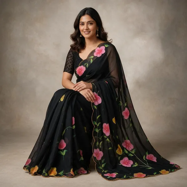 Black_&_Multicoloured_Chiffon_Floral_Digital_Printed_Saree_With_Embroidery_Border
