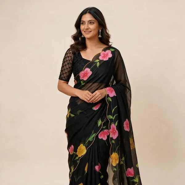Black_&_Multicoloured_Chiffon_Floral_Digital_Printed_Saree_With_Embroidery_Border