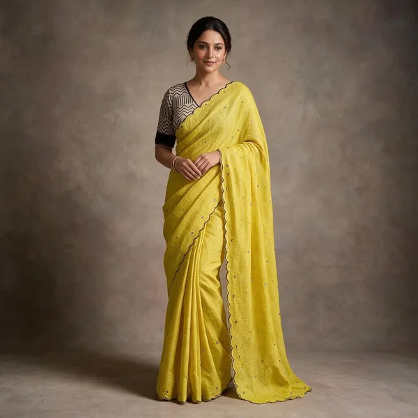 Yellow_&_Black_Soft_Linen_Cotton_Printed_Saree_With_Mirror_Work