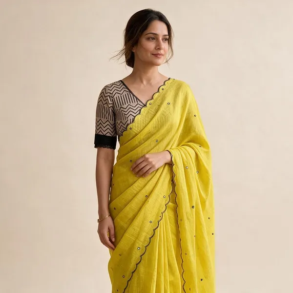 Yellow_&_Black_Soft_Linen_Cotton_Printed_Saree_With_Mirror_Work