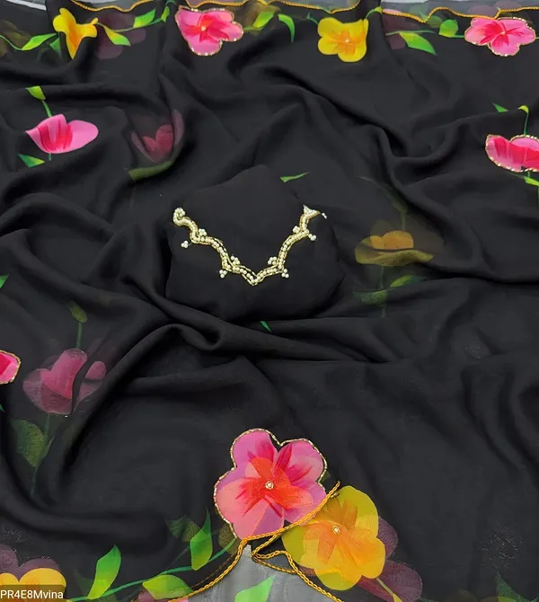 Black_&_Multicoloured_Chiffon_Floral_Digital_Printed_Saree_With_Embroidery_Border