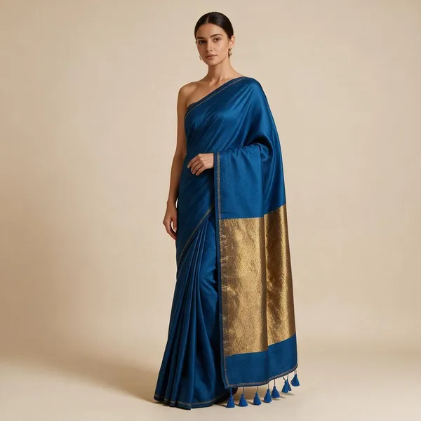 Royal_Blue_Khadi_Cotton_Saree_With_Golden_Border