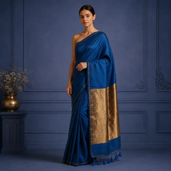 Royal_Blue_Khadi_Cotton_Saree_With_Golden_Border