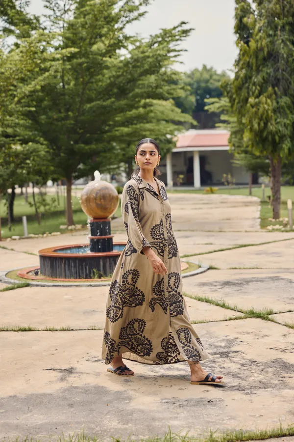 Beige_Cotton_Slub_Relaxed_Fit_Printed_Dress_For_Women