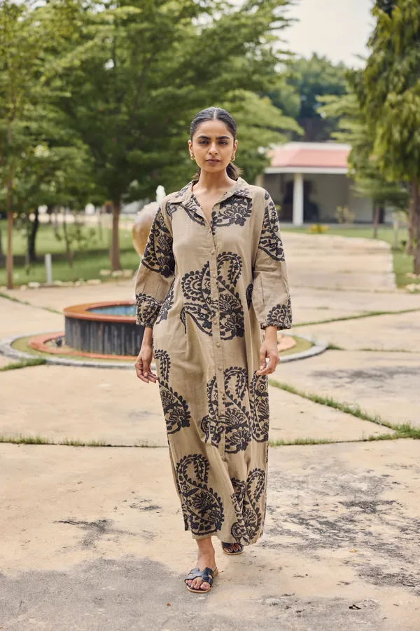Beige_Cotton_Slub_Relaxed_Fit_Printed_Dress_For_Women