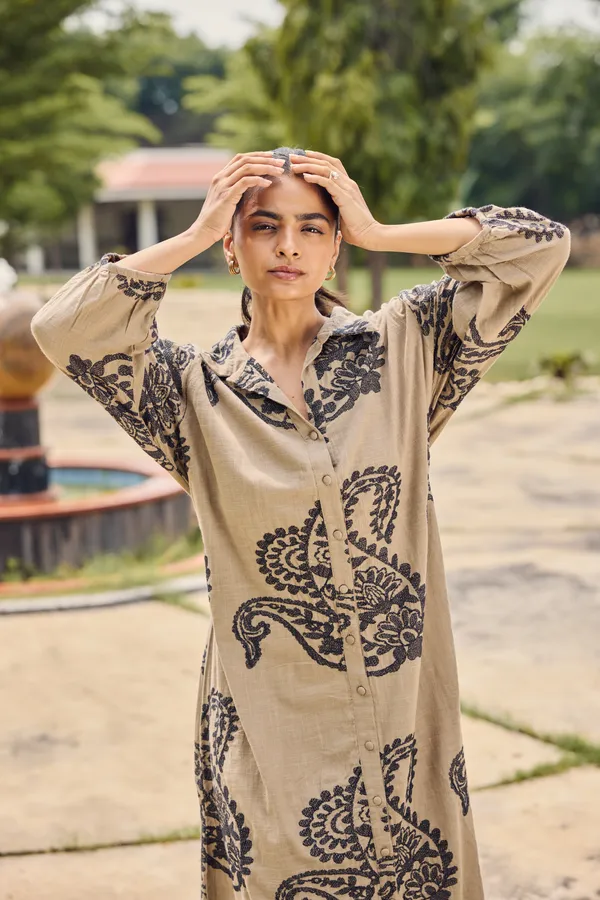 Beige_Cotton_Slub_Relaxed_Fit_Printed_Dress_For_Women