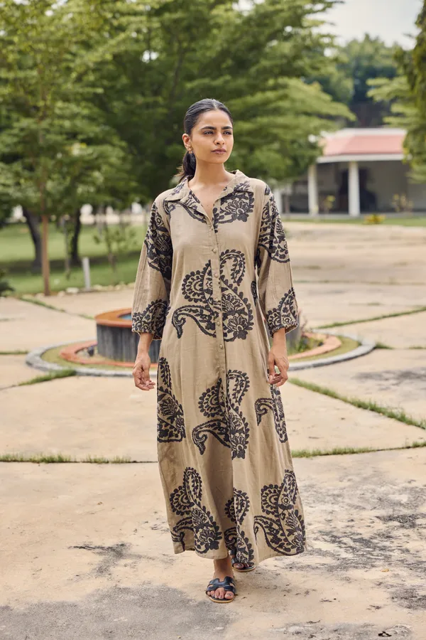 Beige_Cotton_Slub_Relaxed_Fit_Printed_Dress_For_Women