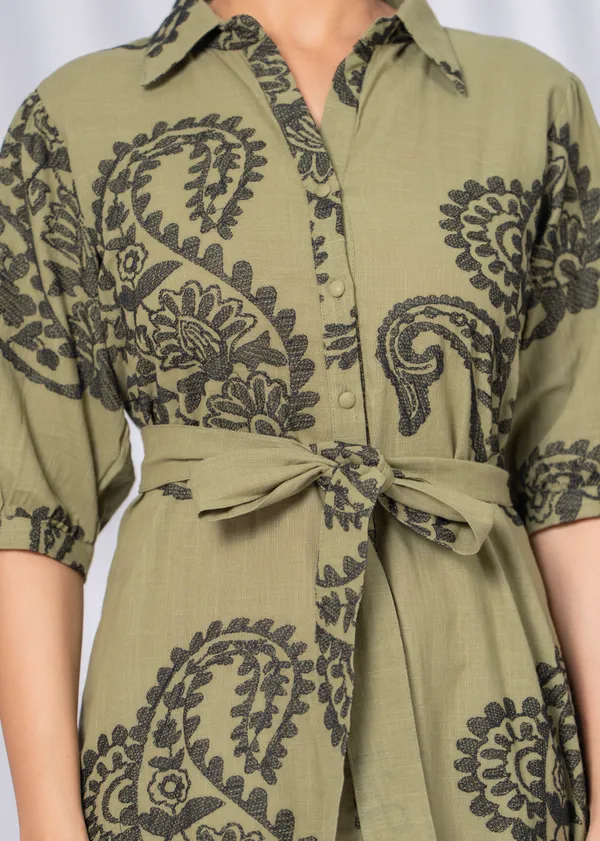 Light_Green_Cotton_Slub_Relaxed_Fit_Paisley_Shirt_Dress_For_Women