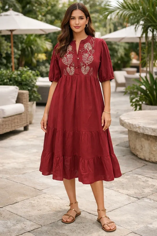 Maroon_Cotton_Cambric_A-Line_Embroidered_Midi_Dress_For_Women