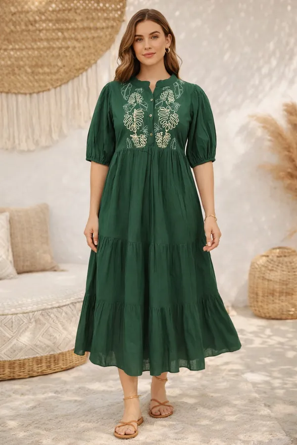Bottle_Green_Cotton_Cambric_Gathered_Embroidered_Midi_Dress_For_Women