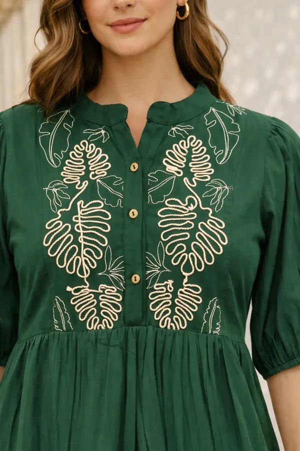 Bottle_Green_Cotton_Cambric_Gathered_Embroidered_Midi_Dress_For_Women