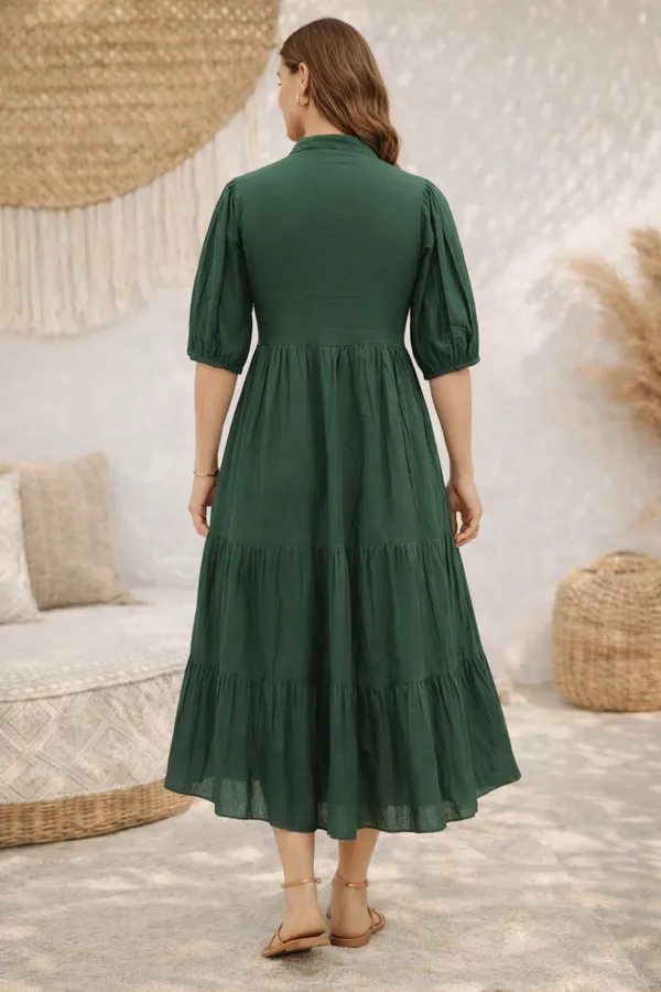 Bottle_Green_Cotton_Cambric_Gathered_Embroidered_Midi_Dress_For_Women