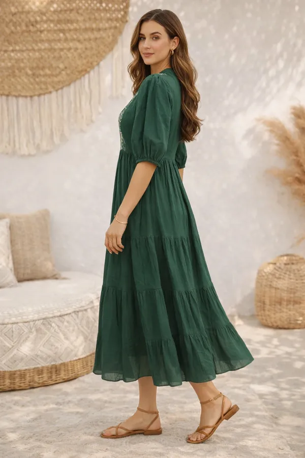 Bottle_Green_Cotton_Cambric_Gathered_Embroidered_Midi_Dress_For_Women