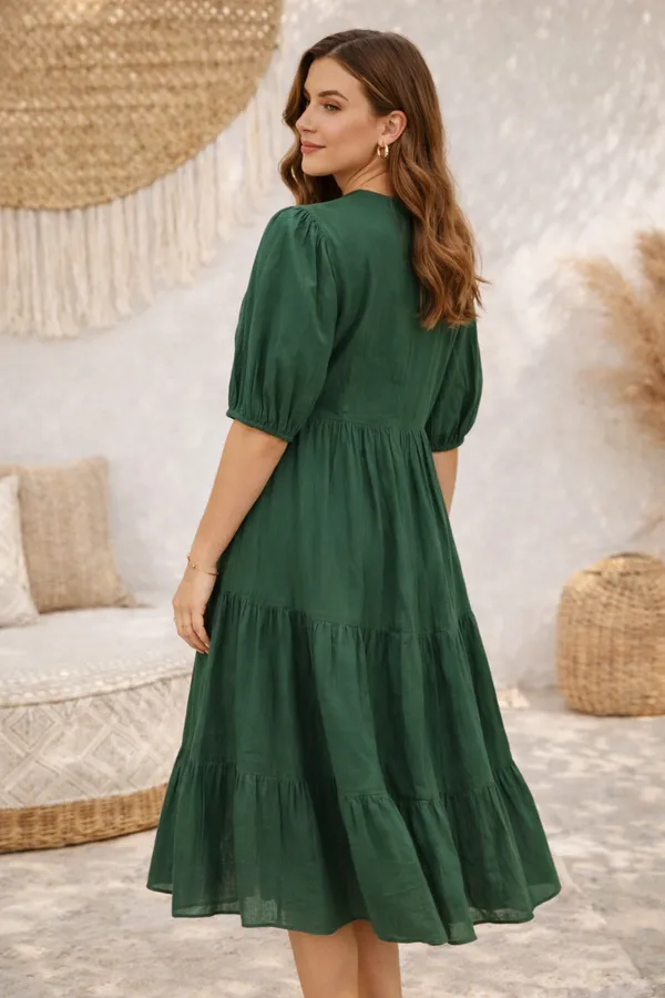Bottle_Green_Cotton_Cambric_Gathered_Embroidered_Midi_Dress_For_Women