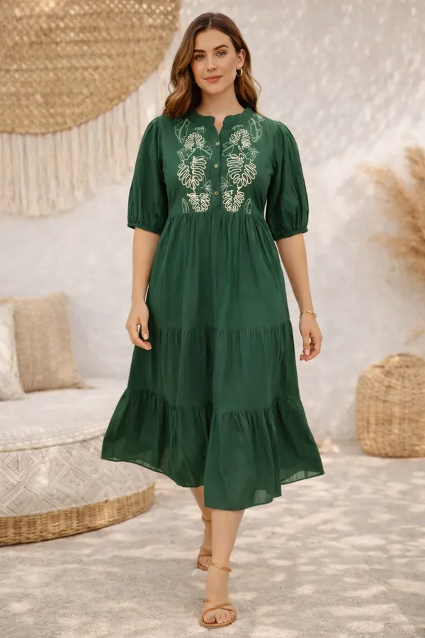 Bottle_Green_Cotton_Cambric_Gathered_Embroidered_Midi_Dress_For_Women