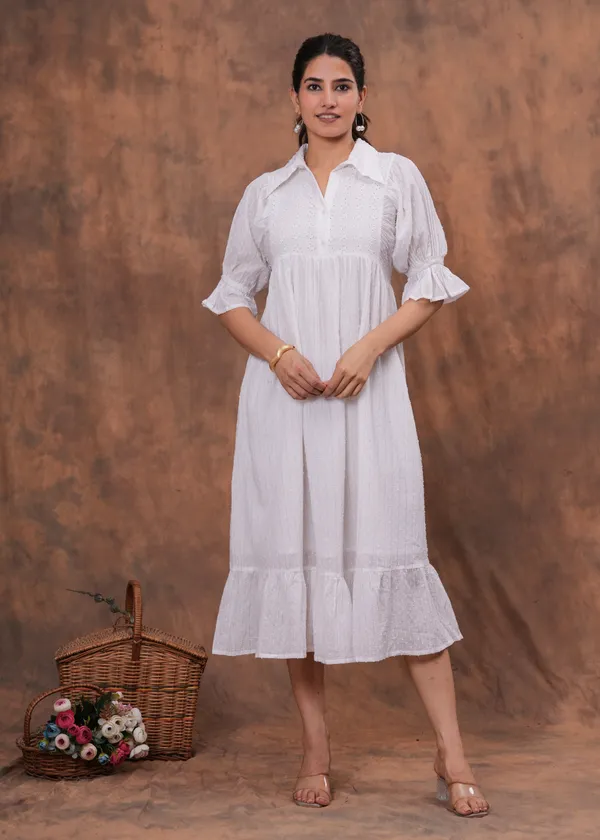 White_Cotton_Schiffli_A-Line_Puff_Sleeve_Midi_Dress_For_Women