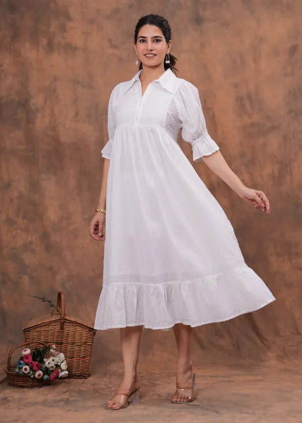 White_Cotton_Schiffli_A-Line_Puff_Sleeve_Midi_Dress_For_Women