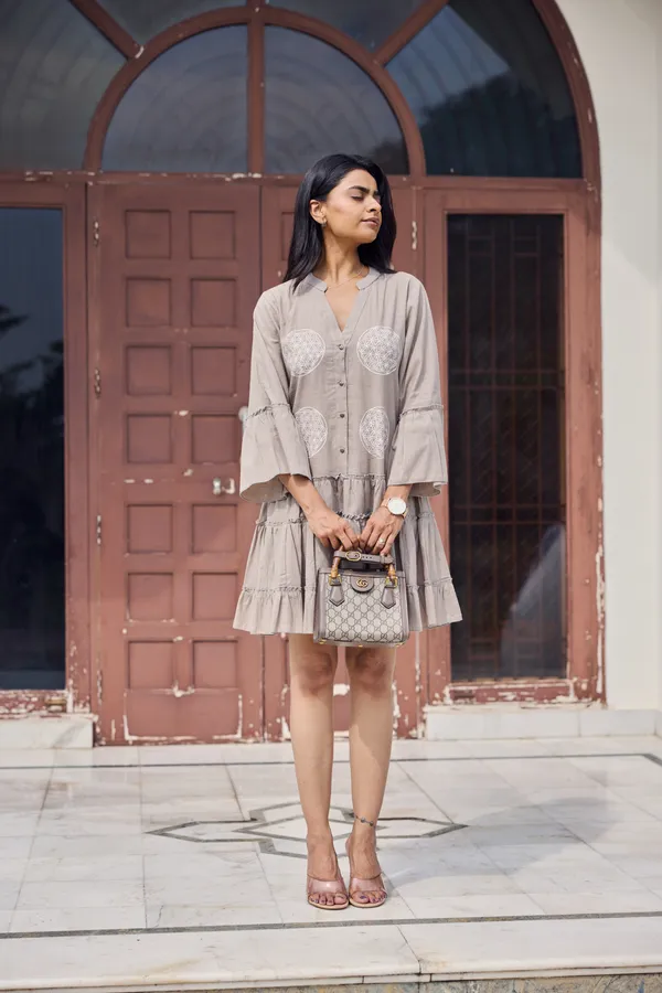 Beige_Cotton_Slub_Relaxed_Fit_Embroidered_Tiered_Dress_For_Women