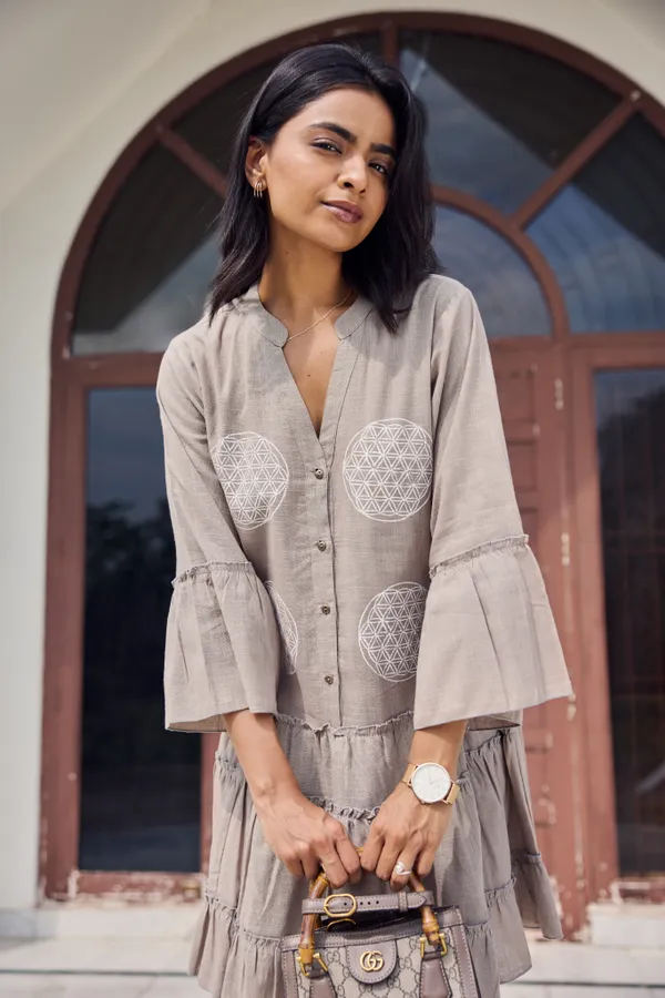 Beige_Cotton_Slub_Relaxed_Fit_Embroidered_Tiered_Dress_For_Women